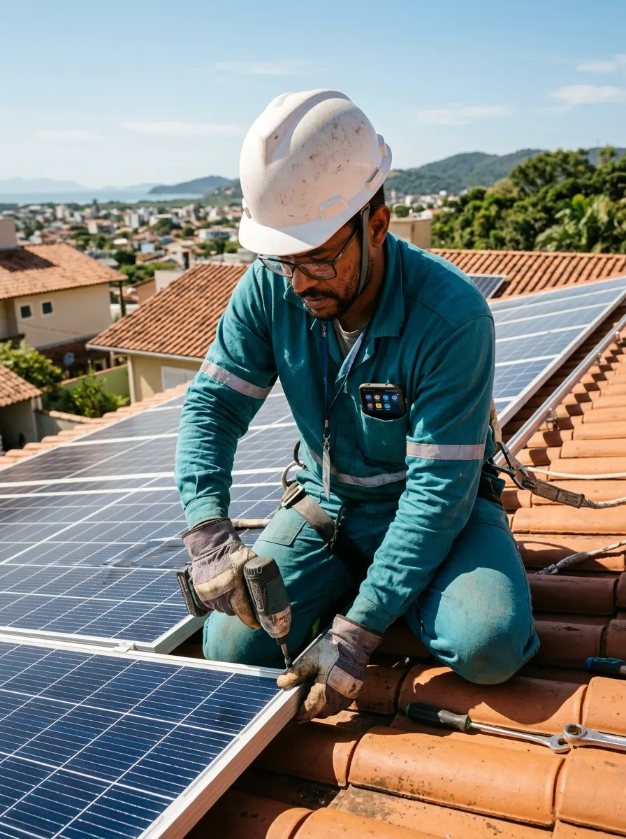 Instalador de energia solar fixando módulos em um telhado enquanto o celular acumula mensagens