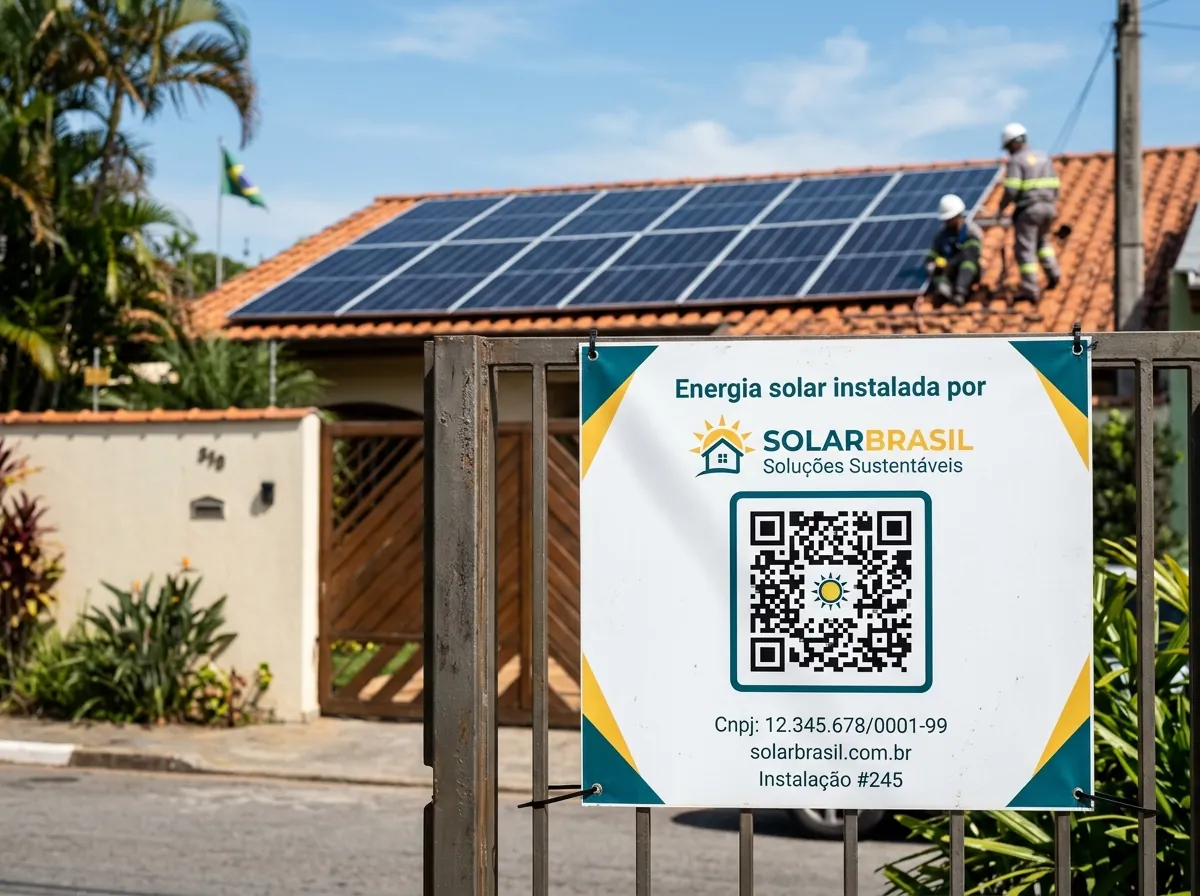 Placa de obra com QR Code fixada na frente de uma casa durante a instalação de energia solar